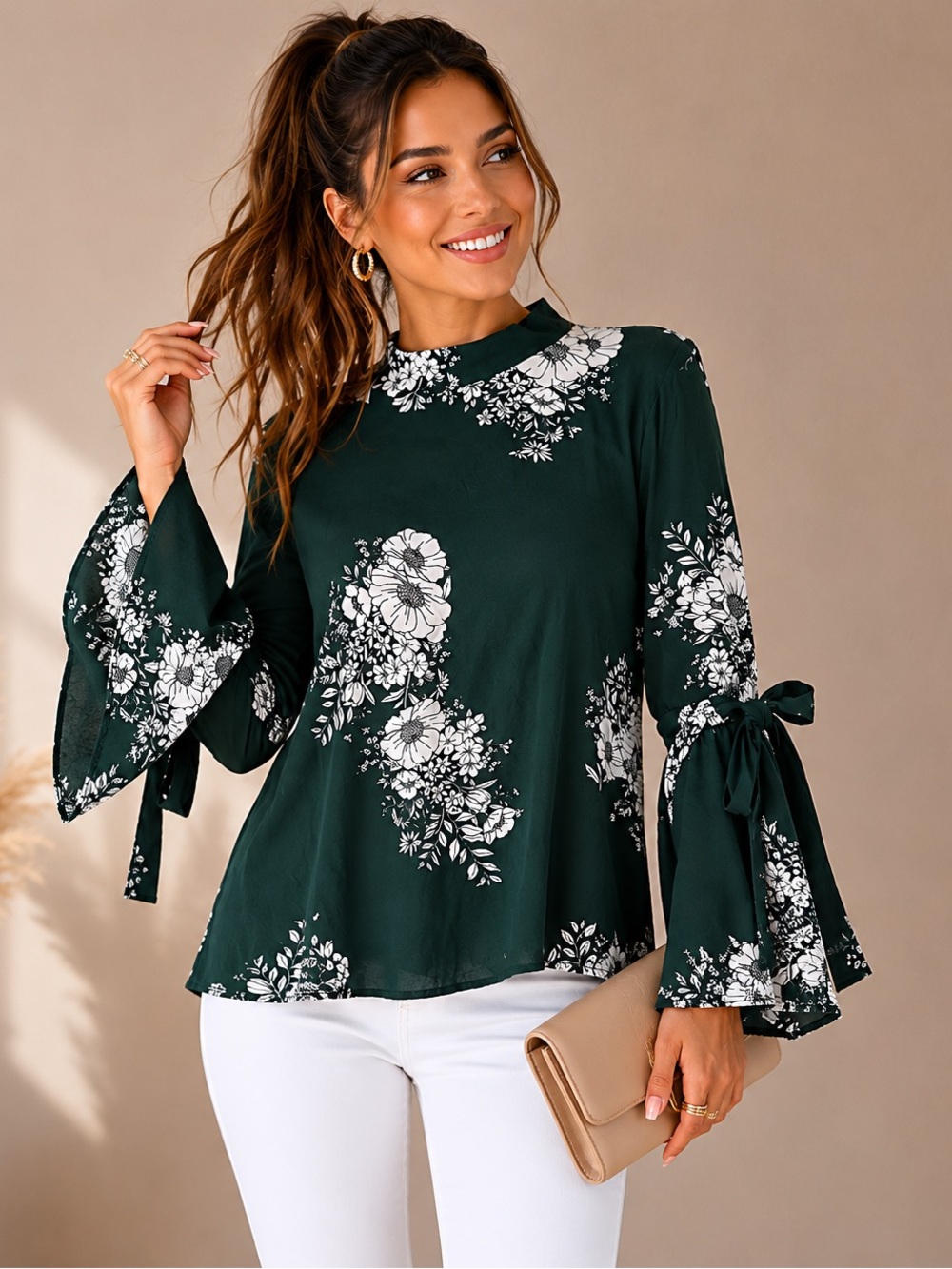 URBAN Romantics Dark Green Floral Tie-Sleeve Blouse